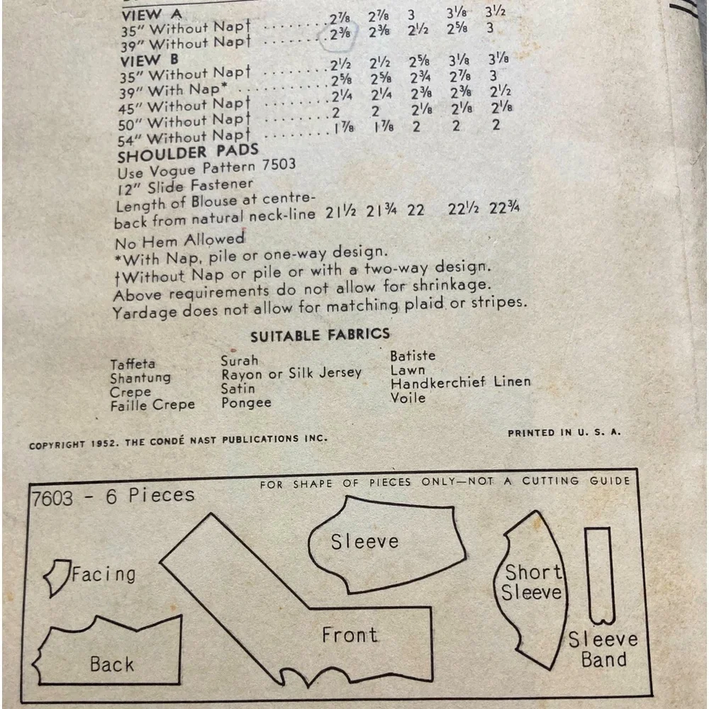 Vogue Vintage No 7603 Pattern UNCUT Women’s Blouse with Bow Ties Collarless 1952